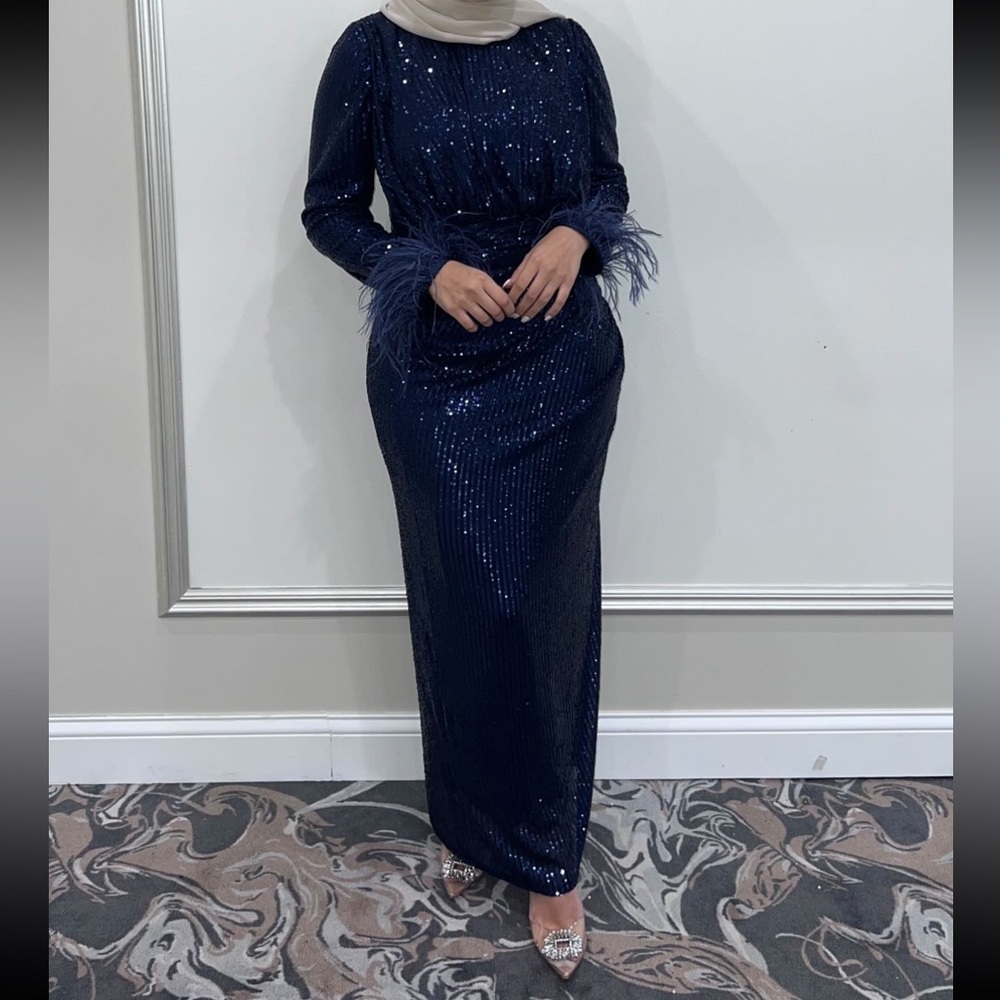 Navy sequins long sleeve with feathers dress